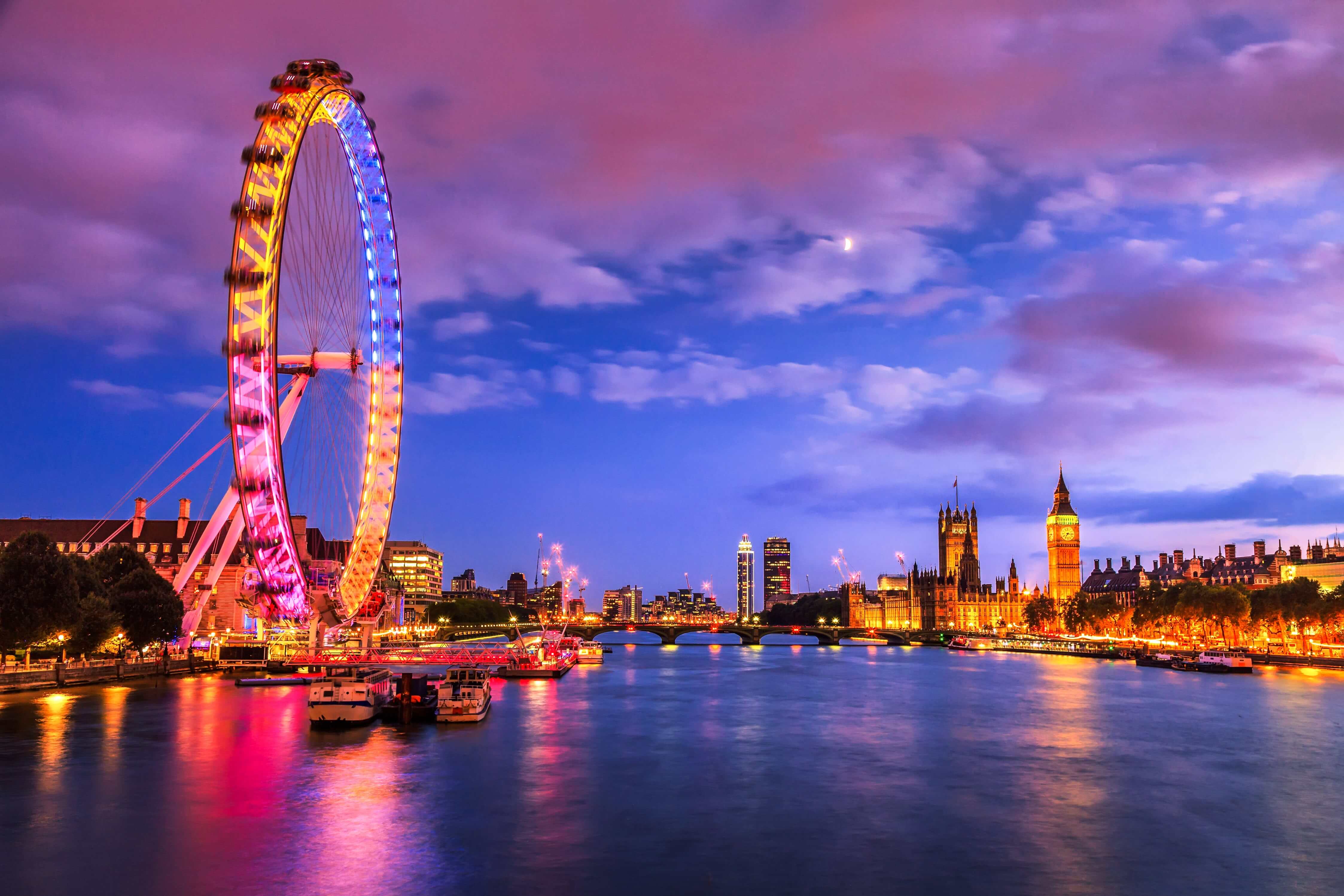 London at twilight. London eye, County Hall, Westminster Bridge, Big Ben and Houses of Parliament.UK